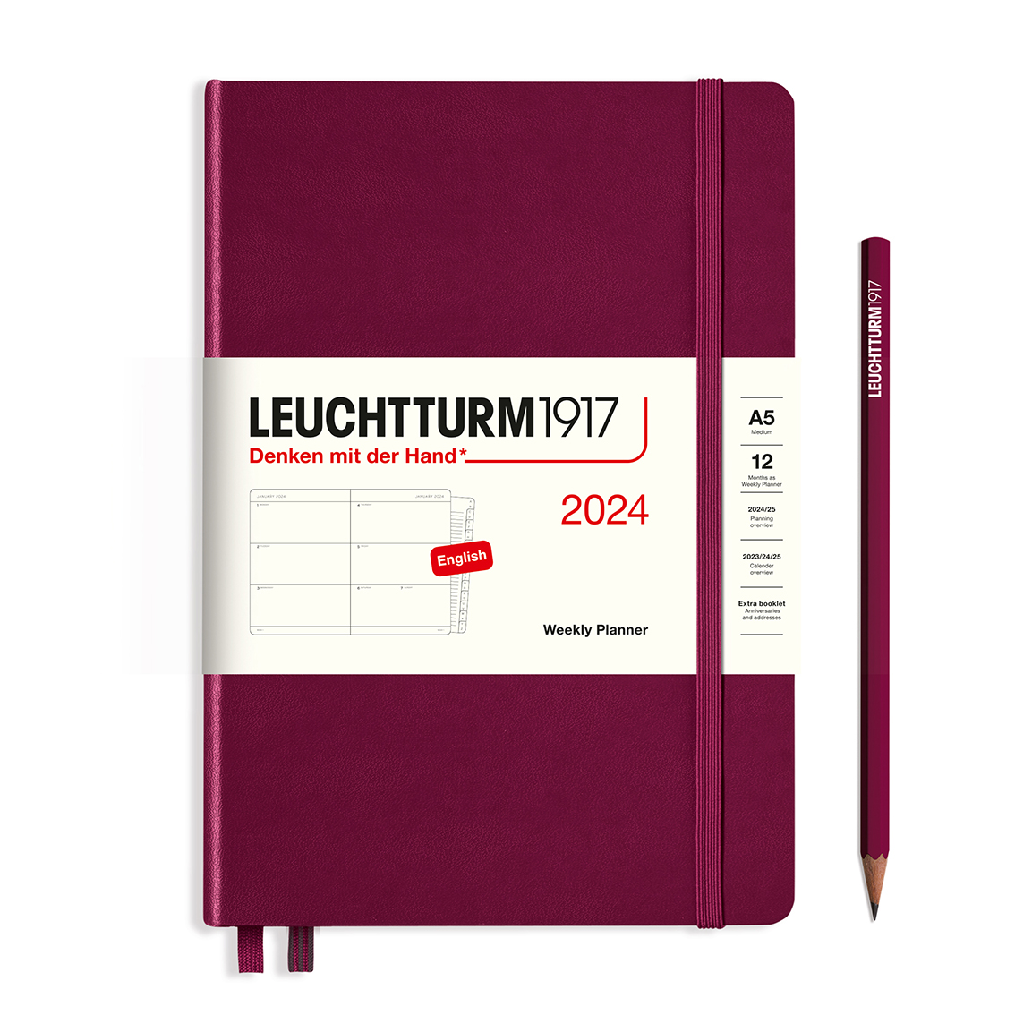 Evenement weigeren Uil Leuchtturm1917 A5 Medium Weekly Planner 2024 hardcover Port Red - De Groen  BV