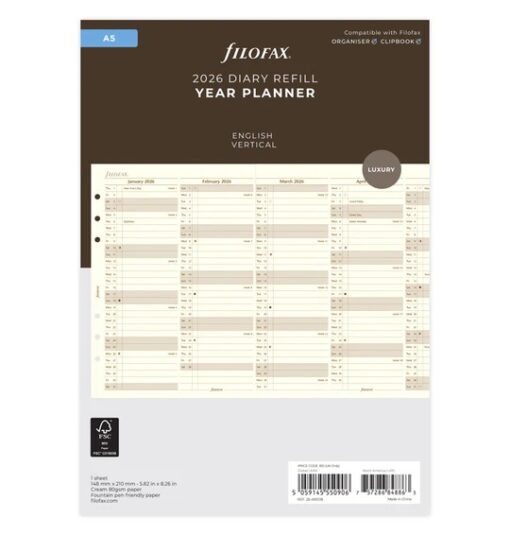 Filofax A5 2026 Year planner verticaal cotton cream - De Groen BV